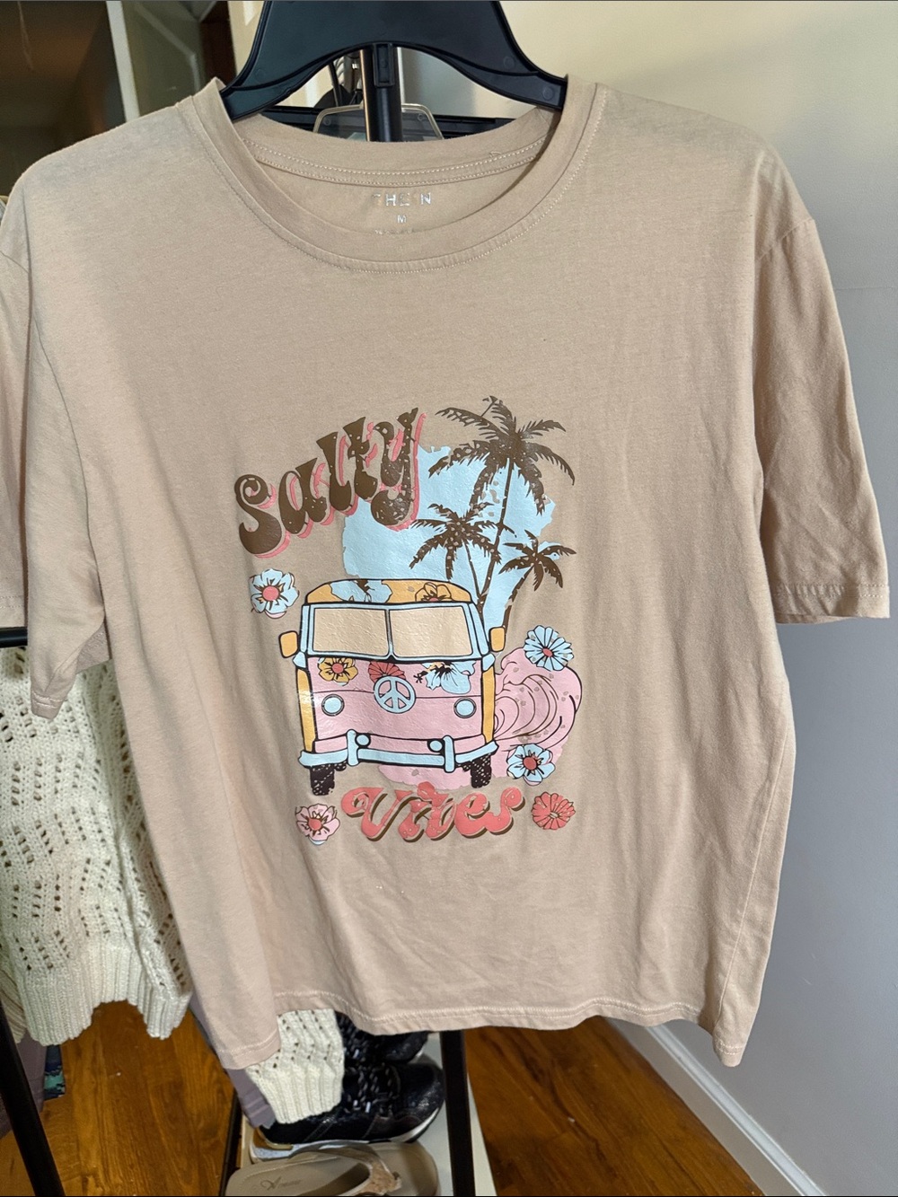 SHEIN Beige Graphic Tee with Pink VW Van and Blue Palm Print